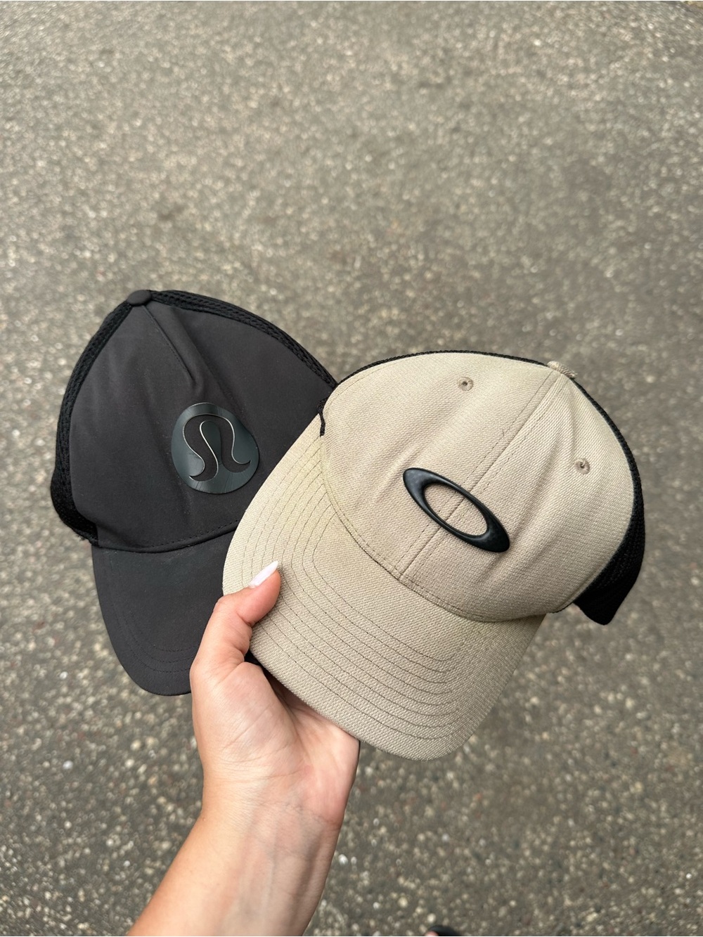 Lululemon trucker hat and Oakley Tan & Black Logo Cap